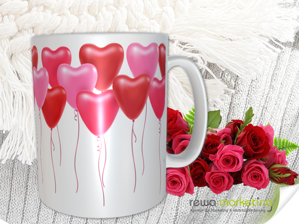 Cup with heart balloons on a ribbon - panorama print